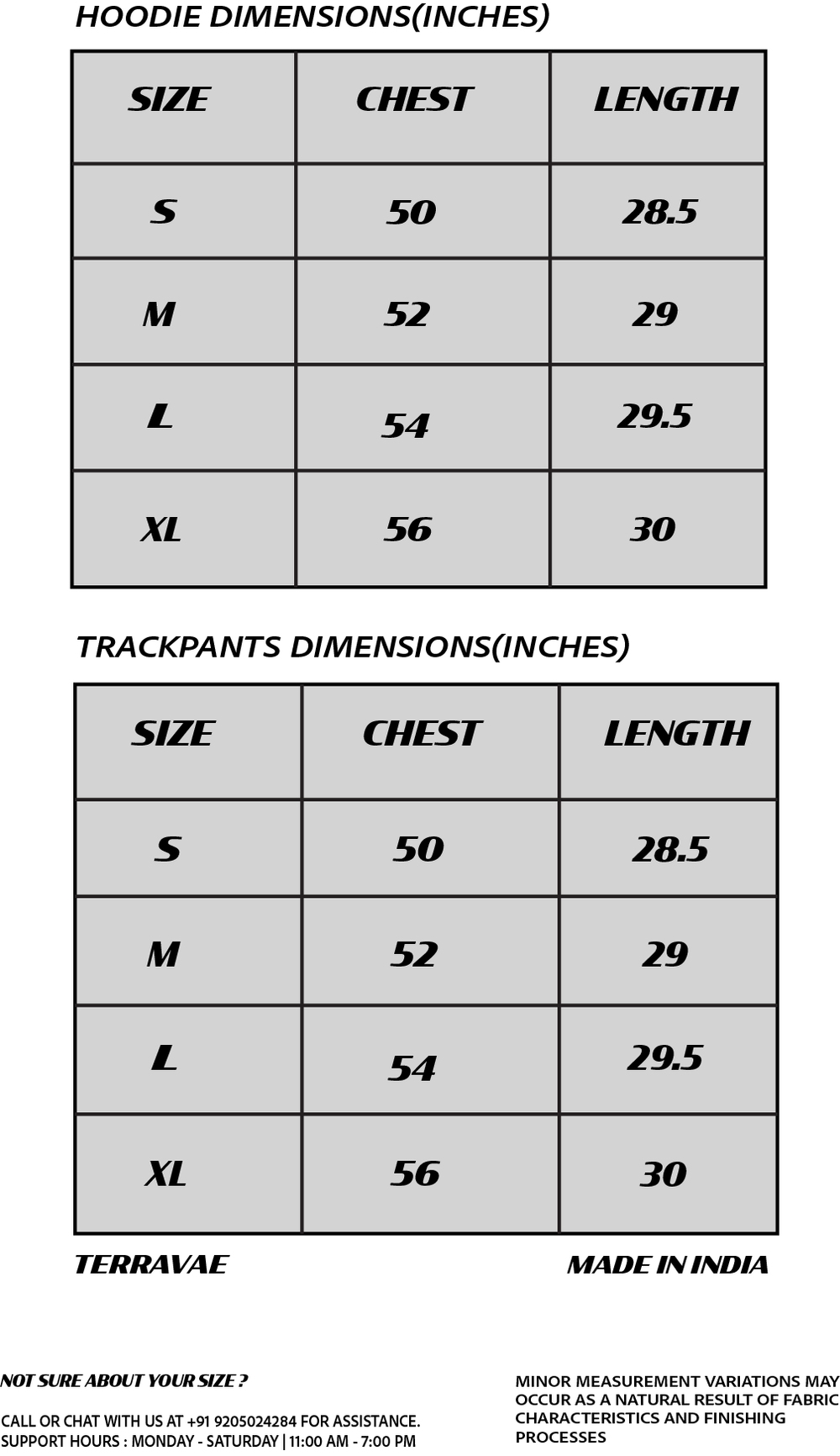 Size chart for BLACK MIDNIGHT CO-ORD [UNISEX]