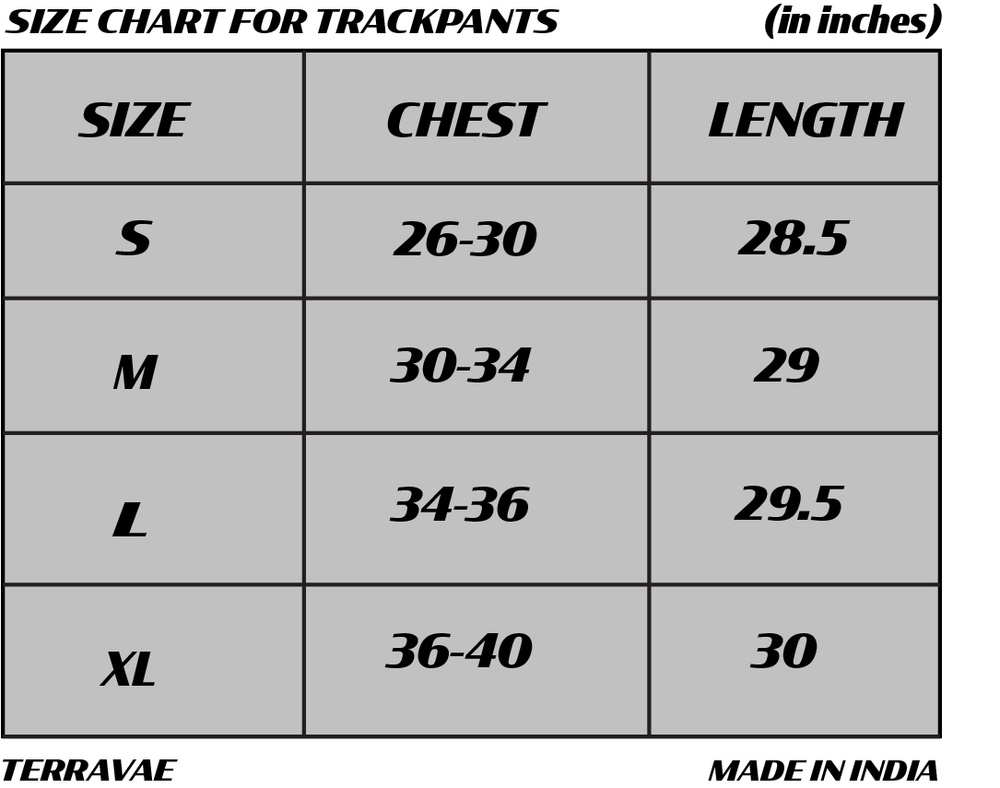 Size chart for BLACK MIDNIGHT SWEATPANTS [UNISEX]